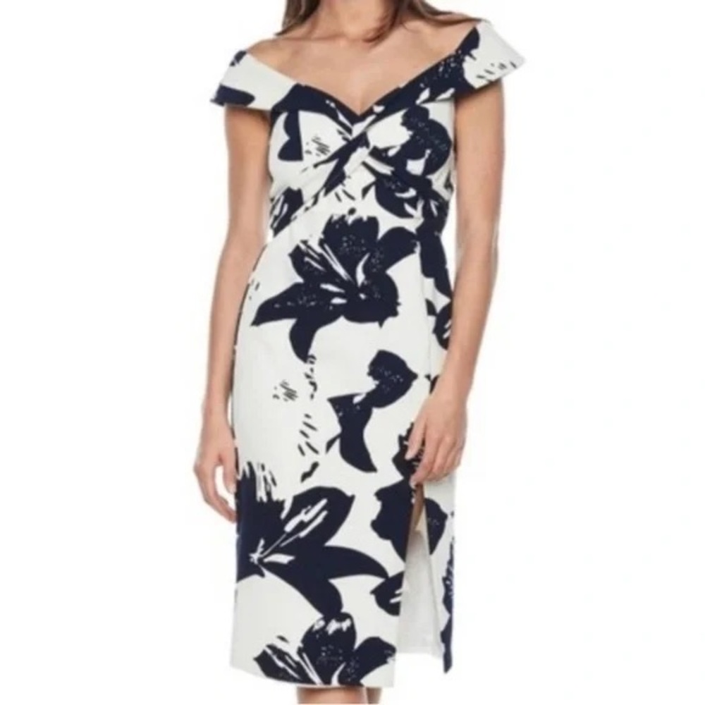 Bardot Blue and White Midi Dress with Off-the-Shoulder Sweetheart Neckline